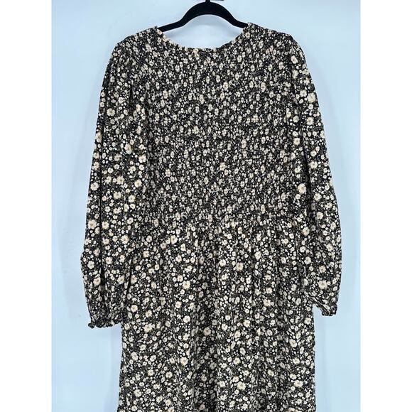 Old Navy Black Ditsy Floral Smocked Midi Dress 3X Long Sleeve Pockets Fall Boho - Picture 5 of 8